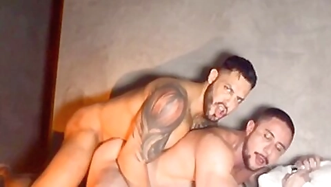 Two brunette with tattooed bodies railed by a big cock