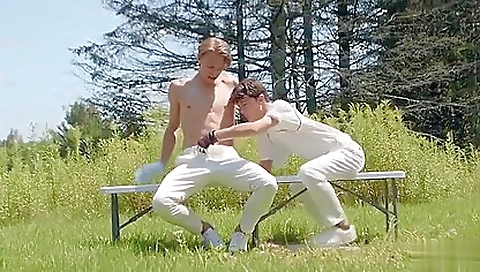Hot blonde and hot guys in a black suit 18+ outdoors