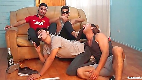 Sexy brunette 18+ with a small ass gets fucked hard in a group