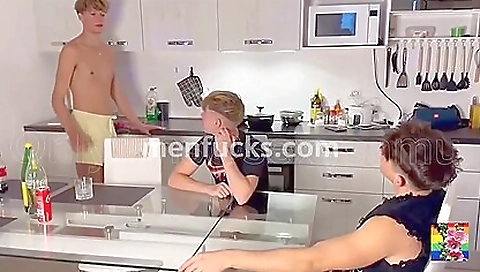 Two blonde and a brunette are fucking on the bed in the bedroom