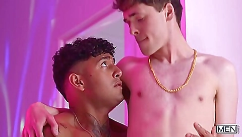 Hot brunette girl with a tattooed face fucked by two boys