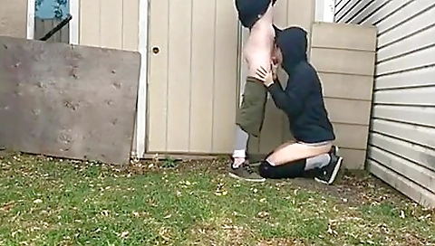 Outdoor deepthroat with a sexy girl riding her cock
