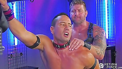 Hardcore anal bonding in a bdsm threesome with two cocks